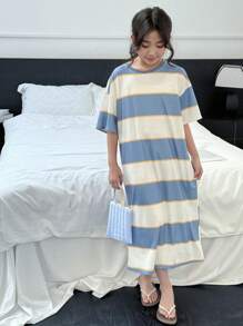 Dazy Kids 青少年女孩条纹短袖针织家居服套装，夏季 - 藍色 - 查看 3