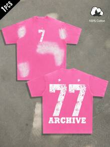 Manfinity EMRG Men's Numeric Printed Round Neck Short Sleeve Casual T-Shirt - Hot Pink - View 1