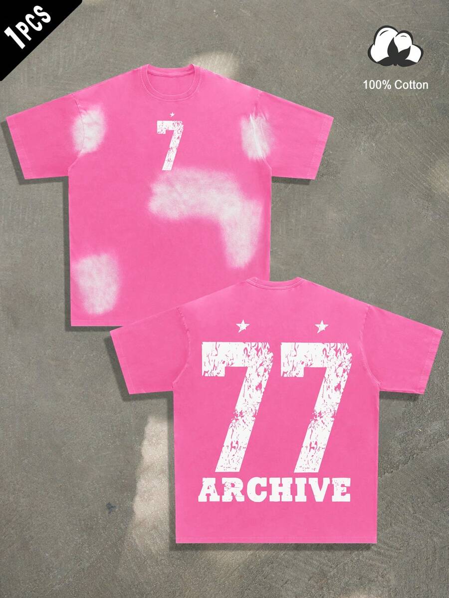 Manfinity EMRG Men's Numeric Printed Round Neck Short Sleeve Casual T-Shirt - Hot Pink - View 1