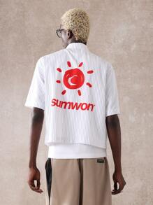 SUMWON 夏季超大号棒球纽扣衬衫短款上衣休闲运动街头短袖太阳标志印花都市时尚青年 - 白色 - 查看 1