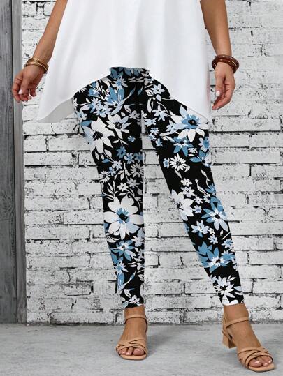 EMERY ROSE Leggings ajustados de talla grande con estampado floral, adecuados para primavera/verano