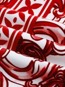 Swim Oasis BOHO Luxurious Palace Printed Exquisite Ruffled Sleeve Premium One-Piece Suit - Red and White - View 8