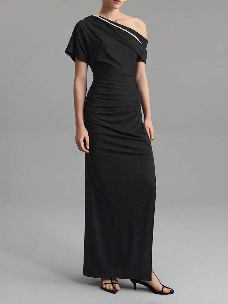 2025 Women Pearl Asymmetric Ruched High Slit Dress