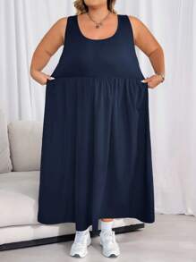 SHEIN CURVE+ Plus Size Women's Solid Color Basic Sleeveless Dressbeach Outfits For Woman/Beach Dress/Beach Vacation Outfits/Beach Essentials / Graduation/Tea Party Dress - Navy Blue - View 5