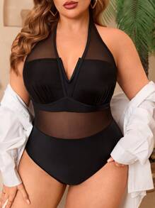 SHEIN Swim Curve 大码女式连体纯色吊带系带网眼拼接海滩度假比基尼泳装 - 黑色 - 查看 1