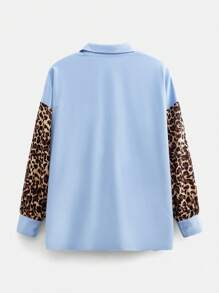 SHEIN EZwear Plus Size Blue Leopard Print Panel Shirt, Spring/Summer - Multicolor - View 2