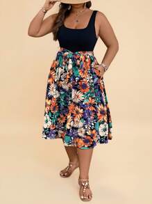 SHEIN VCAY Vestido informal de verano de talla grande estilo boho con estampado floral patchwork y sin mangas