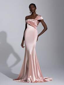 Elitara Elegante y glamoroso vestido de satén elástico plisado a mano de color rosa coral con cuello asimétrico, talle alto y cola de sirena delgada, apropiado para citas, despedidas de soltera, bailes, ceremonias de graduación, cenas formales, eventos de noche y bodas