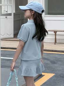 DAZY 2 件套青少年女孩针织领短袖 T 恤和裙子套装，夏季，返校服装 - 藍色 - 查看 6