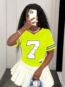 BamGleam Women's Sports Strap & Numeric Print V-Neck Short Sleeve T-Shirt