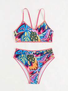 Swim Lushoire 2pcs Beach Summer Outfits For Women, Random Print Camisole Top And High Waist Bikini Bottom Swimwear Set