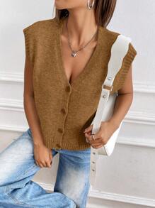 Chiquease Women's Casual Minimalist Solid Color Single-Breasted Knitted Vest - Brown - View 6