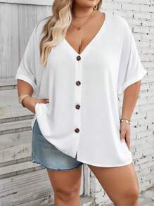 SHEIN CURVE+ Women Plus Size V-Neck Batwing Sleeve Loose Casual Blouse, Summer Top
