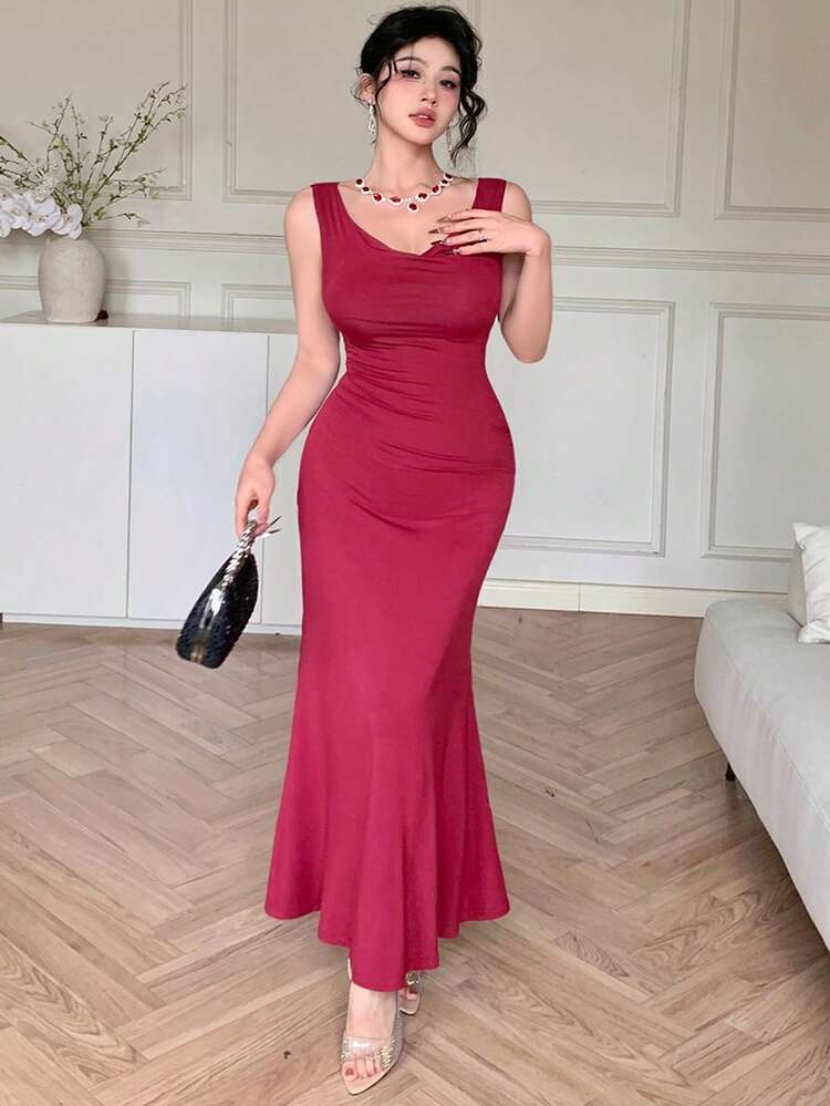 Women's Solid Color Oblique Collar Asymmetric Sleeveless Midi Dress Red Women Dresses,New Year