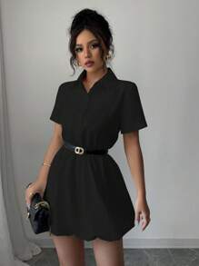Elenzga Women's Black Summer Elegant Short Sleeve Casual Shirt Mini Dress,Solid Color Office Outfits For Ladies Dining,Fashion Elegant Dresses For Women - Black - View 4