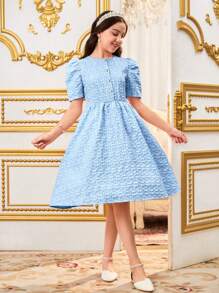 SHEIN Tween Girl' 优雅花卉提花面料公主裙，适合春季外出、度假、通勤、派对等场合