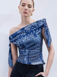 SHEIN Privé Women's Geometric Floral Print Color Block Asymmetrical Neck Bowknot Draped Ruched Waist Blouse, Commuting Style - Multicolor - View 1