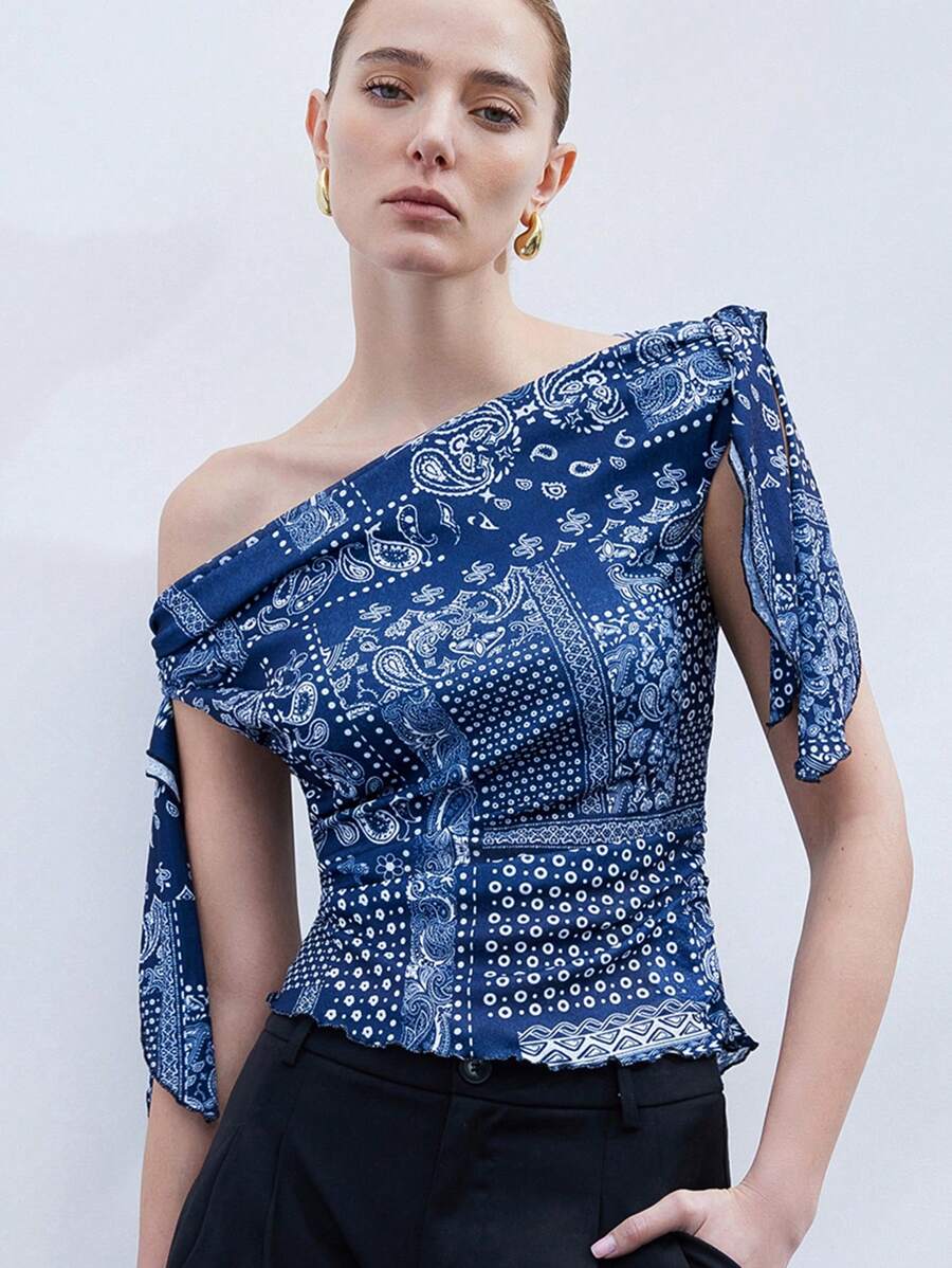 SHEIN Privé Women's Geometric Floral Print Color Block Asymmetrical Neck Bowknot Draped Ruched Waist Blouse, Commuting Style - Multicolor - View 1