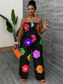 Slaydiva 休闲简约花卉印花露肩连体裤，一体式阔腿裤，加大码 - 彩色 - 查看 5