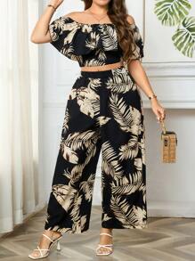 Breezaya Women's Tropical Print Cold Shoulder Top With Ruffle Hem And Wide Leg Pants Set - Black - View 5