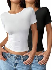 Chiquease Áo thun nữ cổ tròn, eo ôm, tay ngắn, nhẹ, cơ bản - Đen và trắng - Xem 1