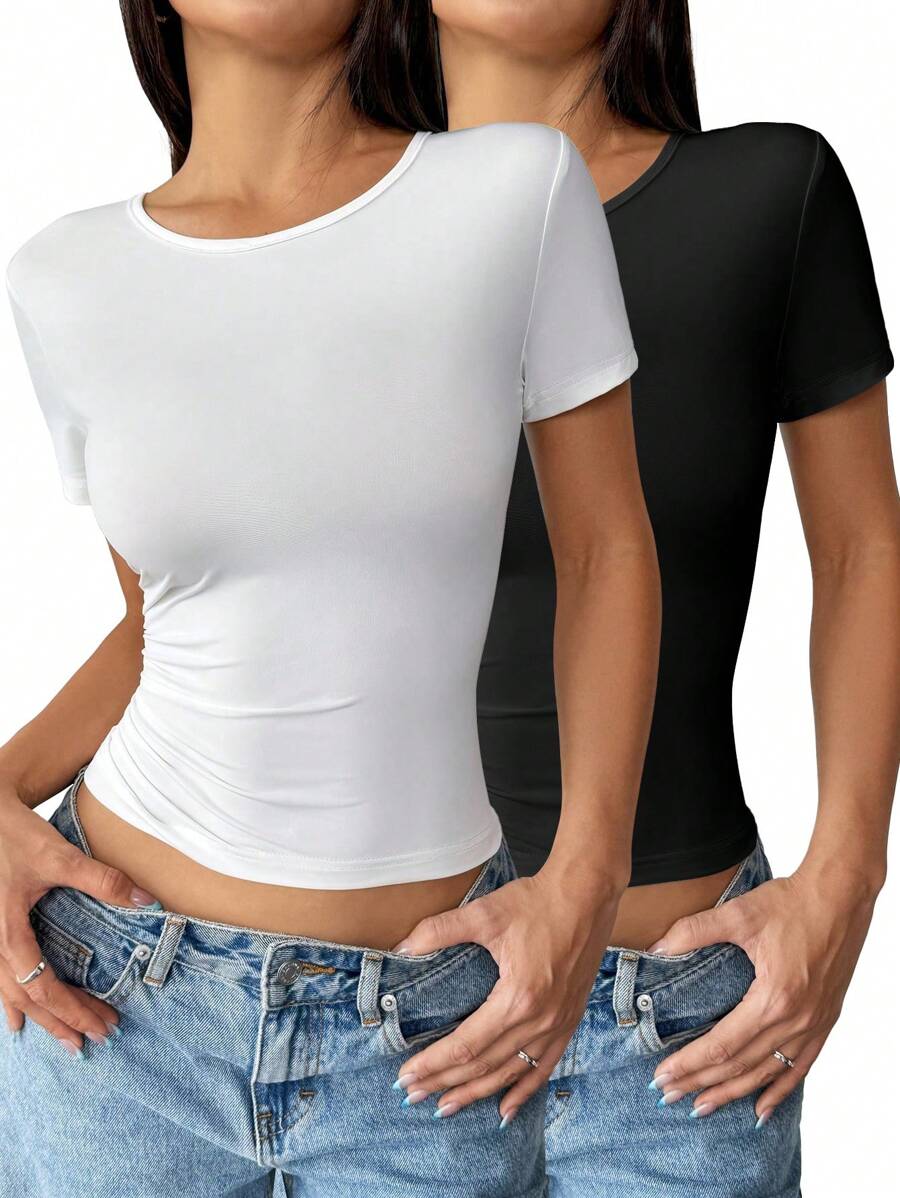Chiquease Áo thun nữ cổ tròn, eo ôm, tay ngắn, nhẹ, cơ bản - Đen và trắng - Xem 1