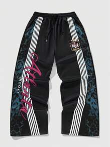 ROMWE MEN Anime Pantalones de chándal sueltos con cordón en la cintura y estampado de letras y leopardo para hombre - Azul - Ver 1