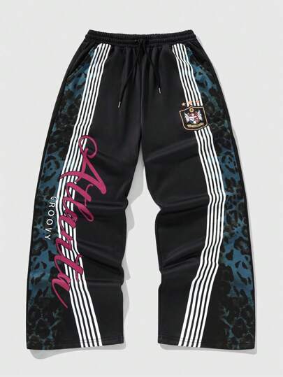 Anime Pantalones de chándal sueltos con cordón en la cintura y estampado de letras y leopardo para hombre