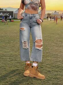 SHEIN PETITE Women's Ripped Jeans Low-Rise Design Retro Y2K Music Festival Outfits Summer Jeans - Light Wash - View 3