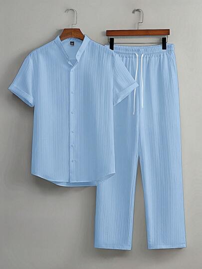 Manfinity Homme 2 件男士休闲纯色纹理短袖衬衫和抽绳腰宽松直筒裤套装，男士两件套服装，秋冬男装，白色套装