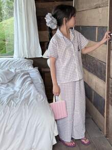 DAZY Tween Girl' Short Sleeve Plaid Embroidery Soft Home Dress, Spring/Summer