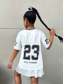 Tween Mädchen Street Style Stricknetzstoff Bedrucktes V-Ausschnitt Kurzarm-Top & Faltenrock 2 Stücke Set, Y2K Fashion Punk Style, süß & cool, Zurück zur Schule