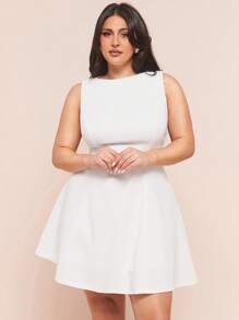 SHEIN BAE 大码女式优雅粉色缎面不对称肩部镂空系带连衣裙，适合派对、鸡尾酒会、正式场合、浪漫约会、婚礼/伴娘/鸡尾酒会/宴会/母亲节/妈妈/母亲/妈妈/妈妈/母亲节/妈妈/妈妈/母亲节礼物、毕业礼服、女士生日礼服 - 白色 - 查看 3