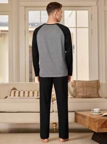 男士家居休闲套装两件套，插肩袖圆领上衣+长裤睡衣套装，男士睡衣，秋冬服装