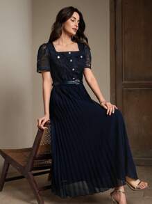 Anewsta Spitzen-Patchwork Chiffon Swing A-Linien Kleid, elegantes neues Design mit kurzen Ärmeln für Damen - marineblau - Übersicht 6