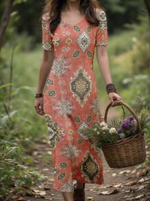 EMERY ROSE Women's Casual Midi Dress With Short Sleeves And V Neck, Multicolor Knitted Fabric, Flared Hem, Bohemian Inspired Print - Multicolor - View 3