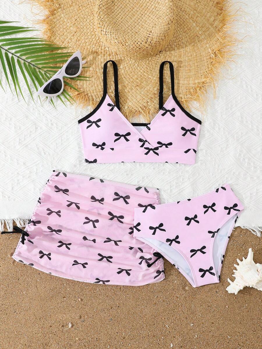 SHEIN Tween Girl Printed 3pcs Swimwear Set, Tankini - Pink - View 1