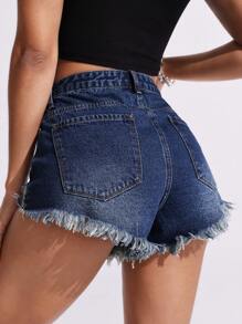 SHEIN EZwear 休闲牛仔短裤，时尚又适合夏天 - 深色水洗藍 - 查看 2