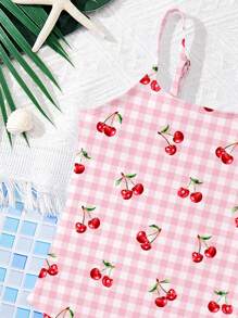 SHEIN LMoss Kids Young Girls' Casual Cherry Print One-Piece Swimsuit, Summer - Multicolor - View 3