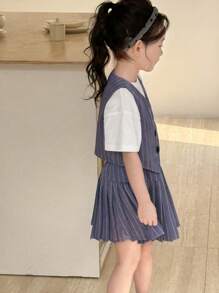 SHEIN 2 件套小女孩套装：梭织条纹上衣和休闲松紧腰裙小女孩 2 件套小女孩裤子套装女孩校服儿童校服，小女孩服装套装短袖春夏服装，春夏服装 - 金色 - 查看 4