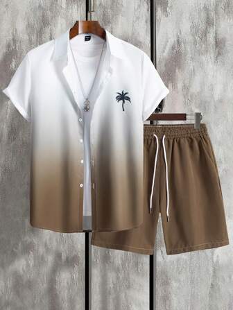 Manfinity Chillmode 2 pièces Ensemble décontracté homme avec chemise à manches courtes et short imprimé dégradé palmier. Tenue d'été, vacances, look confortable