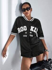 RueChic Letter Graphic Striped Trim Drop Shoulder Tee - Black - View 6