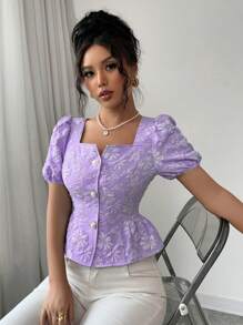 Elenzga Áo sơ mi tay giám mục cổ chữ V thời trang mới dành cho nữ, vải có họa tiết, thiết kế viền nhún bèo, đa năng khi đi làm, tụ tập và hẹn hò - Thanh lịch, trẻ trung và thon gọn - Màu tím - Xem 5