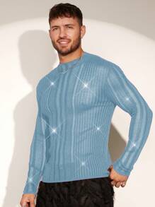Manfinity Fever City Men's Knitted Solid Long Sleeve Minimalist Top, Suitable For Summer - Baby Blue - View 3