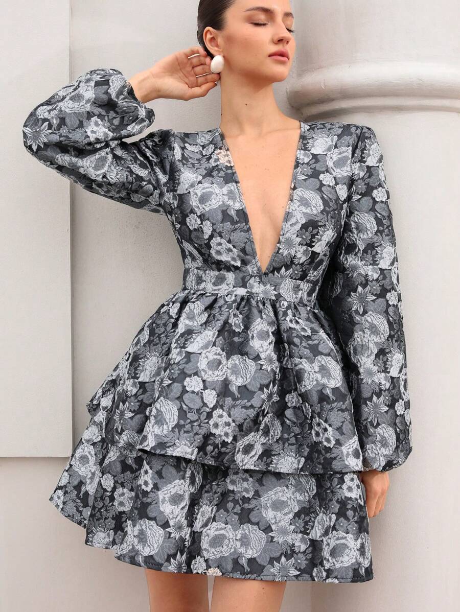 Aveloria Rosie Retro Elegant Elegant Puff Sleeve Long Sleeve Sexy Cake Ruffled Hem Women Short Dress All Over Print For Spring Fall - Grey - View 1