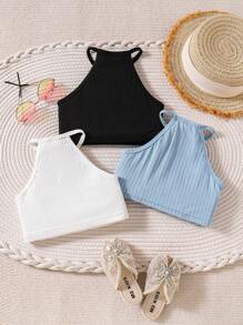 SHEIN Tank Top Tanpa Lengan Kerah Tinggi Bergaris Jacquard untuk Anak Perempuan, Cocok untuk Musim Panas, Liburan, Atasan Liburan Pantai untuk Anak Perempuan di Musim Panas - MultiWarna - View 2