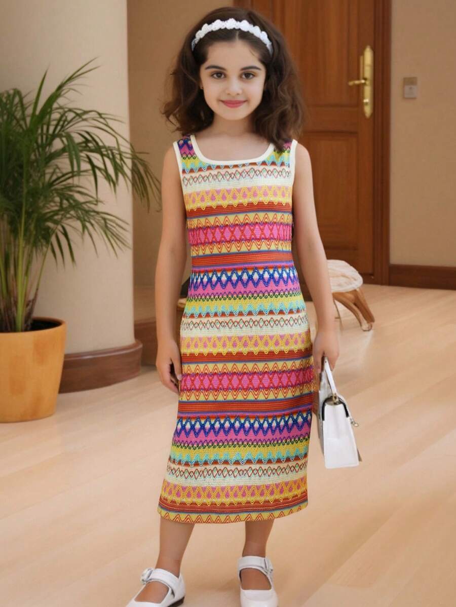 Young Girl Wide Strap Striped Casual Loose Dress - Multicolor - View 1