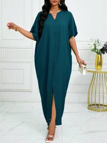 SHEIN Lady Gaun Kaftan Lengan Kelelawar Berlekuk Warna Hijau untuk Musim Gugur dan Musim Dingin - Biru - View 4