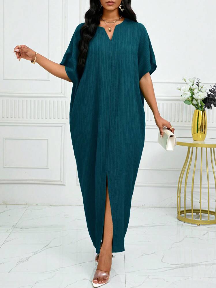 SHEIN Lady Autumn And WinterWorkGreenNotchedBatwing SleeveKaftan Dress - Blue - View 4