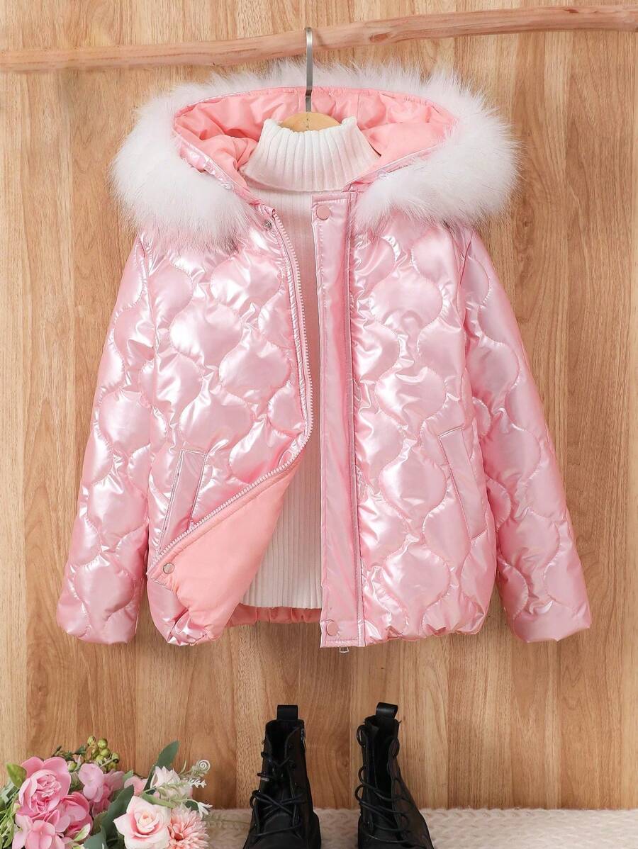 Tween Girls' Hooded Quilted Padded Coat, Warm - Pink - View 1